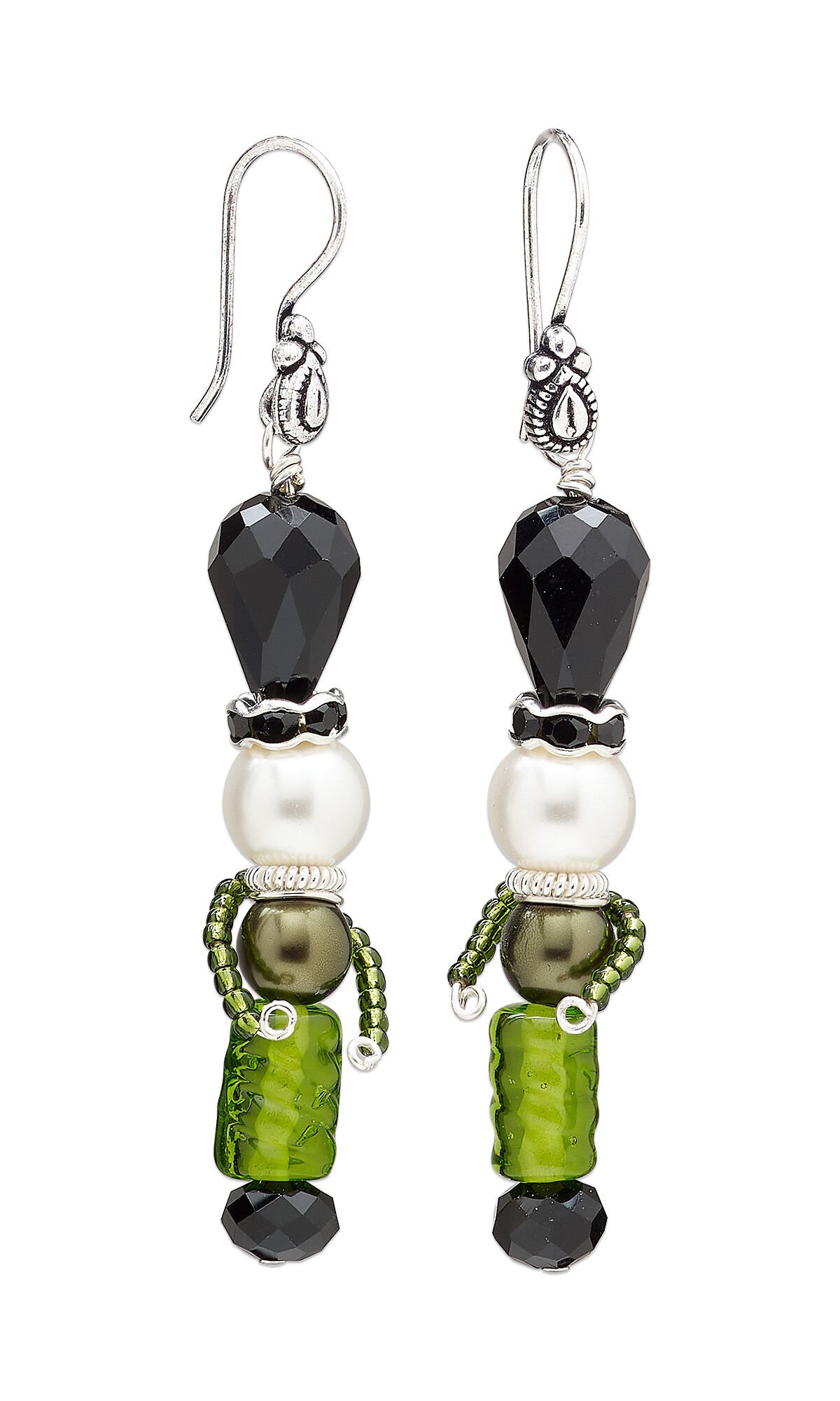 Design Idea R H 3 6 - Nutcracker earrings feature green beads for the clothing and arms, a crystal pearl head and black glass boots and hat.