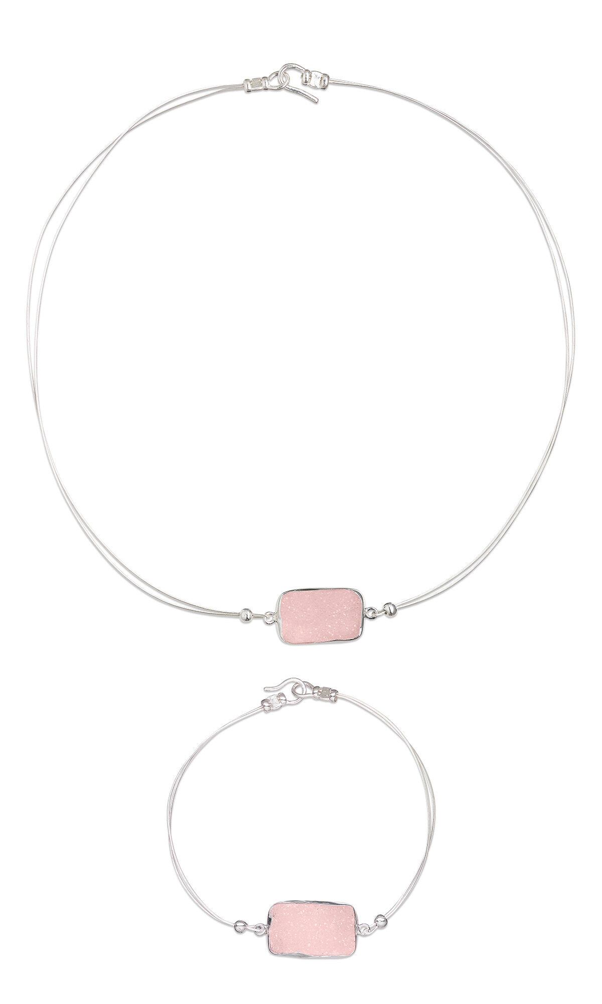wire necklace and bracelet with rectangular pink druzy agate focals