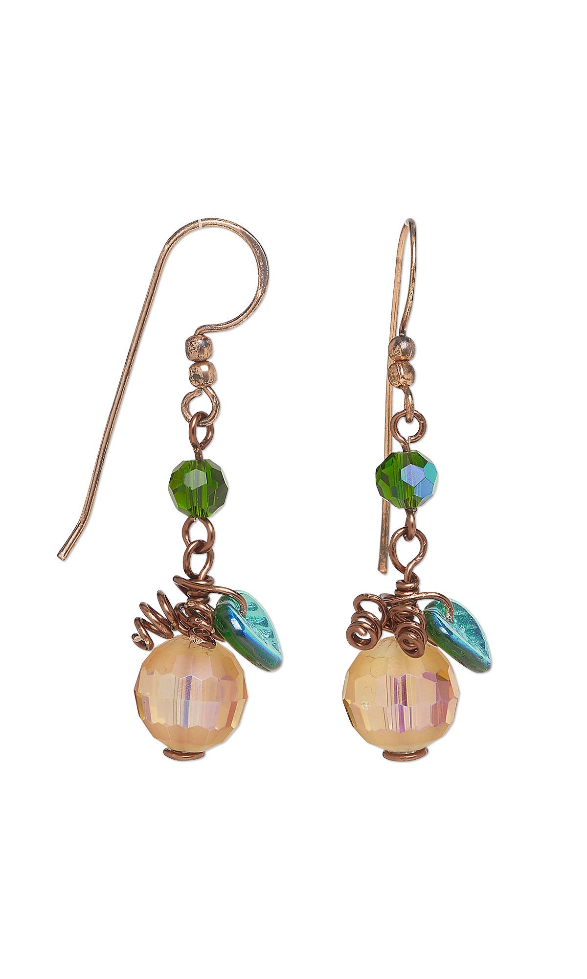 Design Idea R M 2 7 - Earrings feature a small faceted green bead dangling from a copper-colored fishhook ear wire. Below the green bead is copper wireworking serving as vines, a green leaf bead, and a larger peach-hued faceted bead representing a piece of fruit.