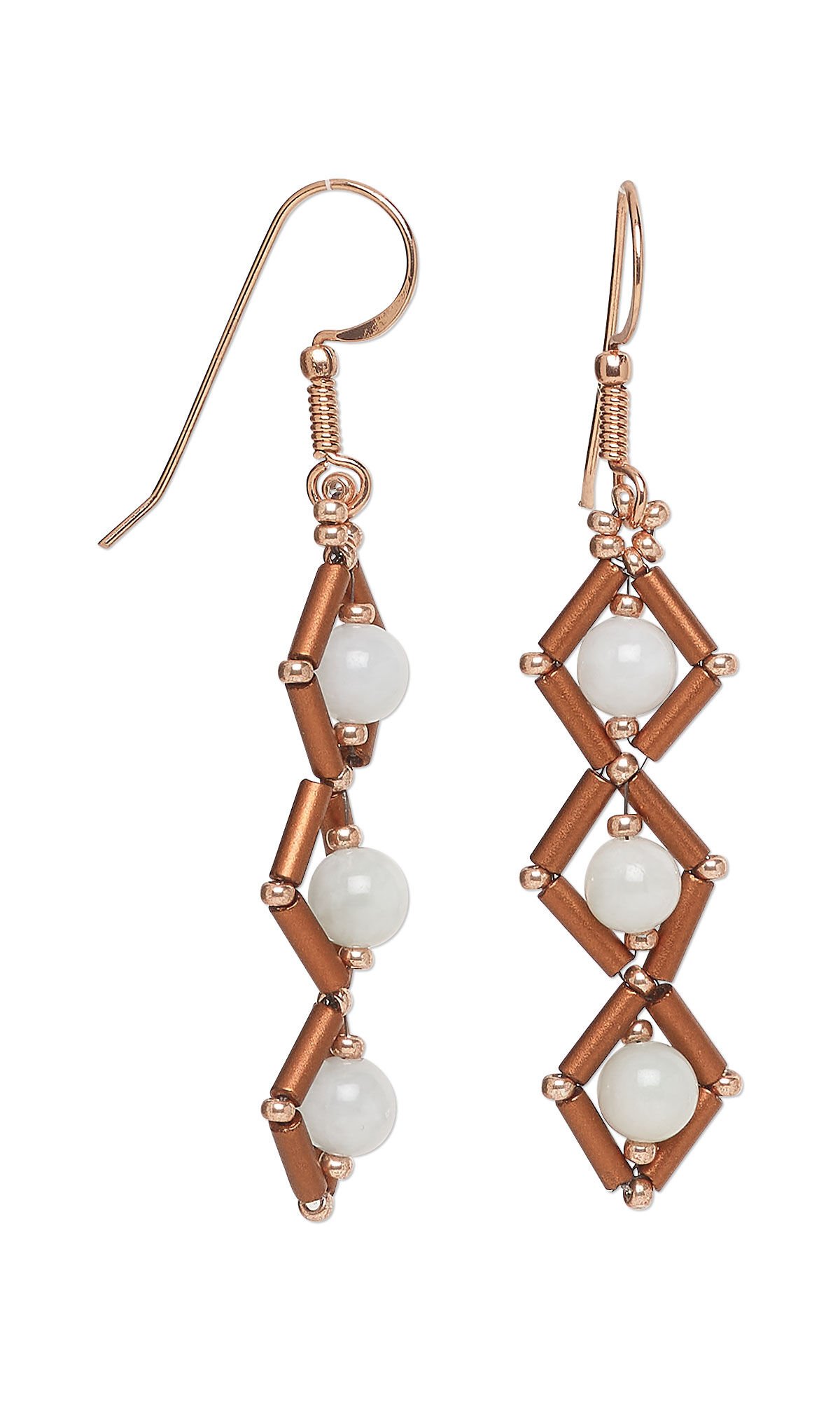 Design Idea R H 2 9 - Copper-toned fishhook ear wires each have three descending diamond shapes formed of coppery bugle beads, with a white gemstone in the center of each diamond.