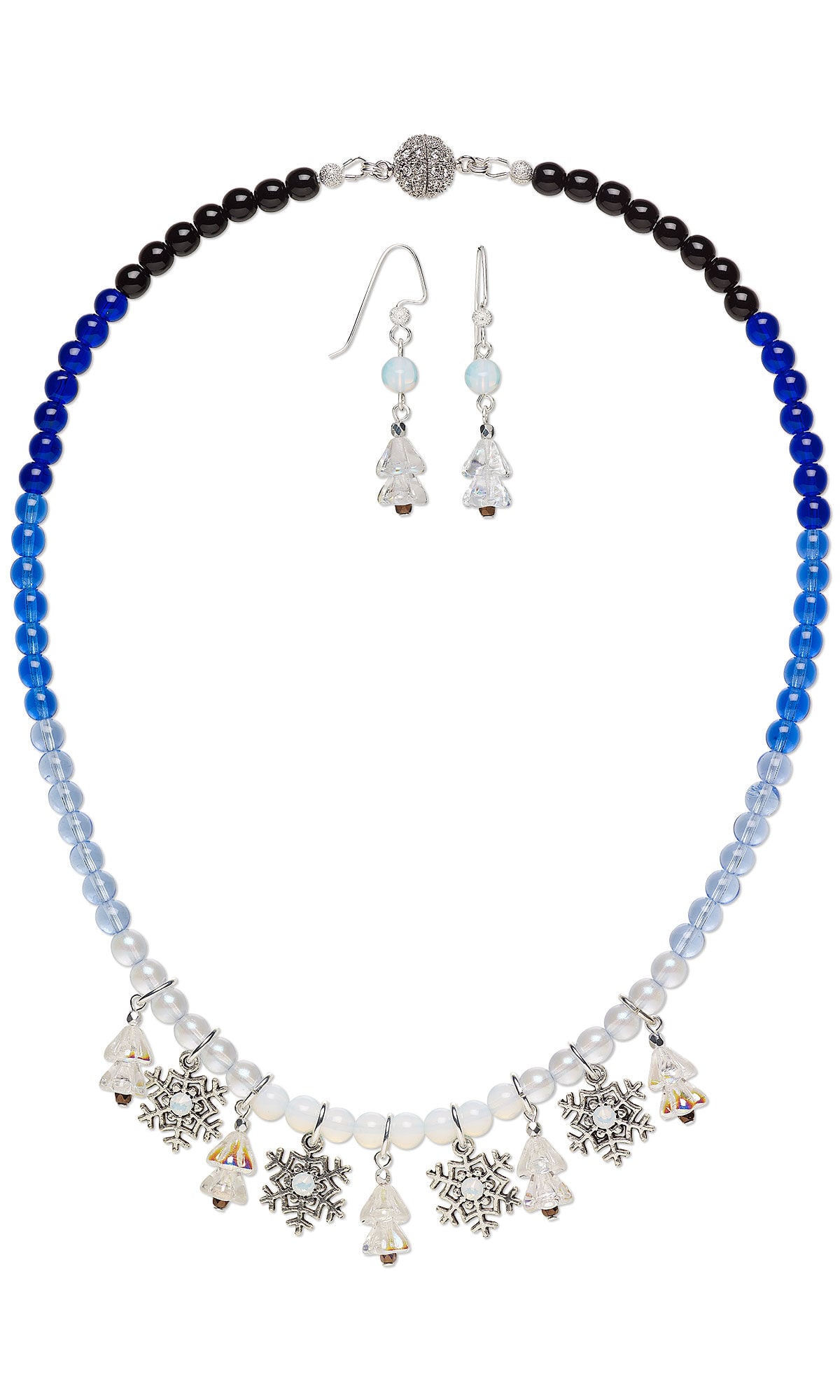 Design Idea H 6 2 S &ndash; Necklace of round blue glass beads has an ombre effect, with dark blue beads at the back and much lighter beads at the front. Five drops, each containing two iridescent flower beads, hang from the necklace at intervals with silvery snowflake charms between them. Earrings match.