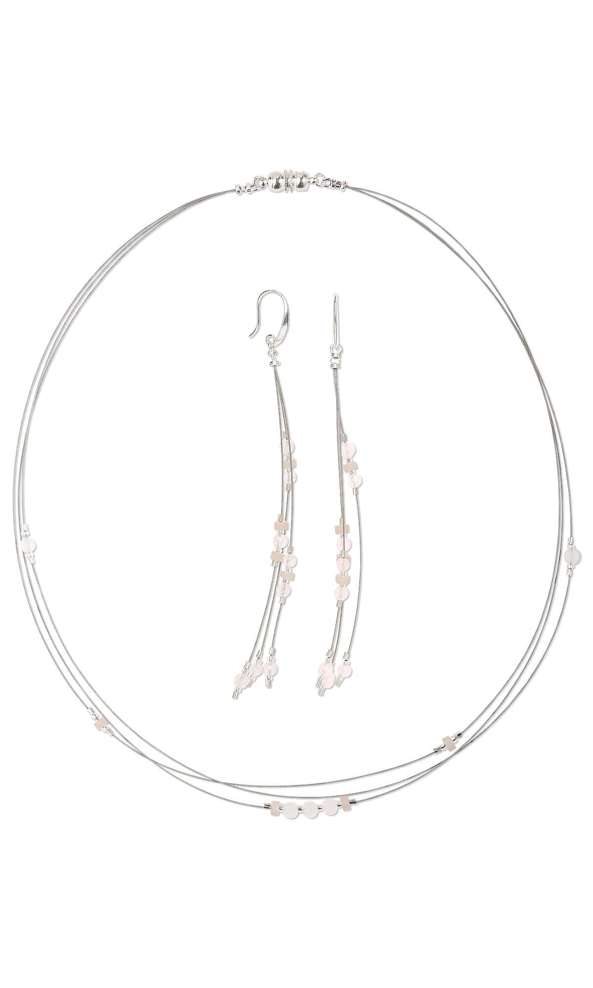 Design Idea S D 3 J &ndash; Necklace and earrings made with Accu-Flex beading wire, Miyuki seed beads, rose quartz and pink opal beads.