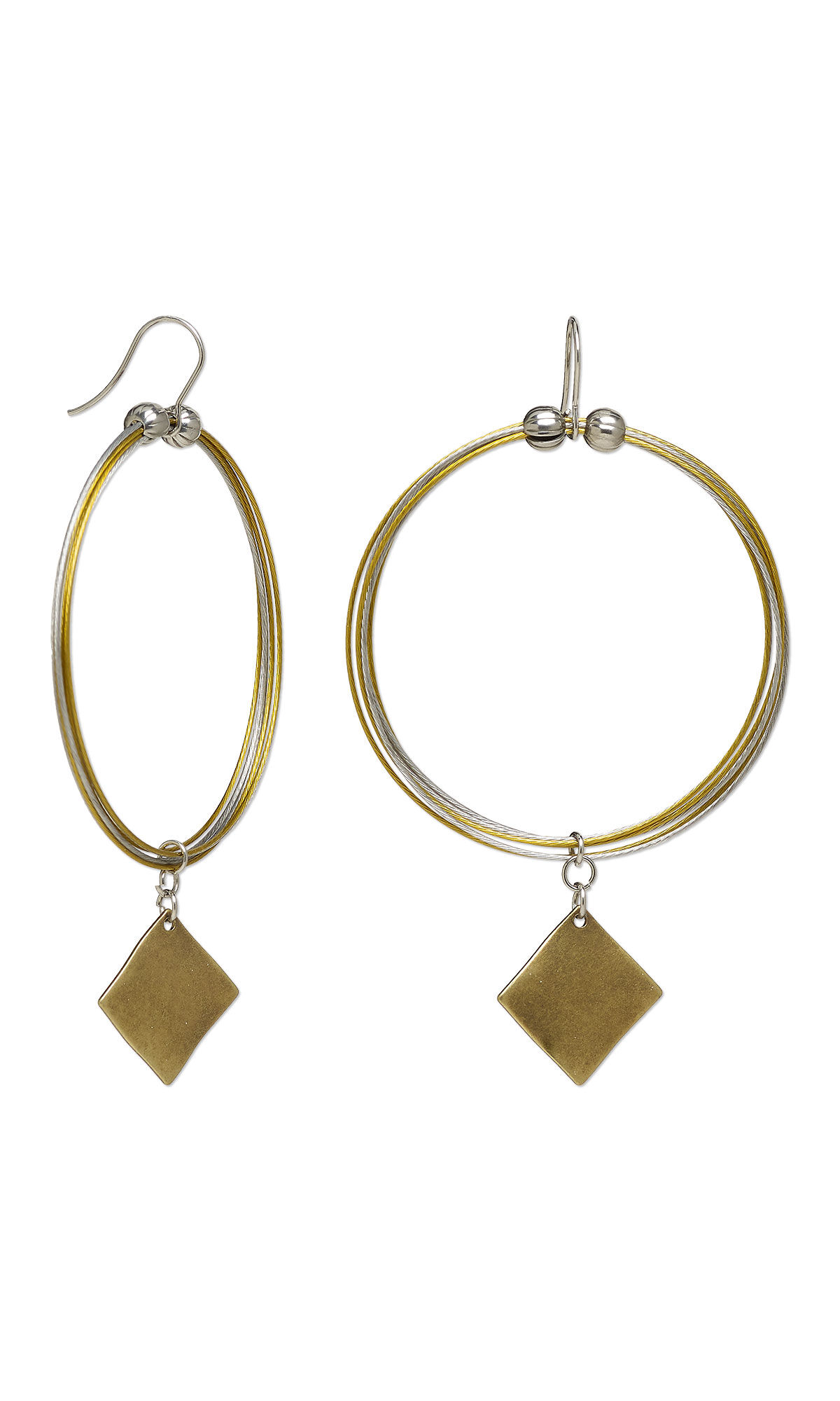 wire hoop earrings with diamond shaped gold plated drops