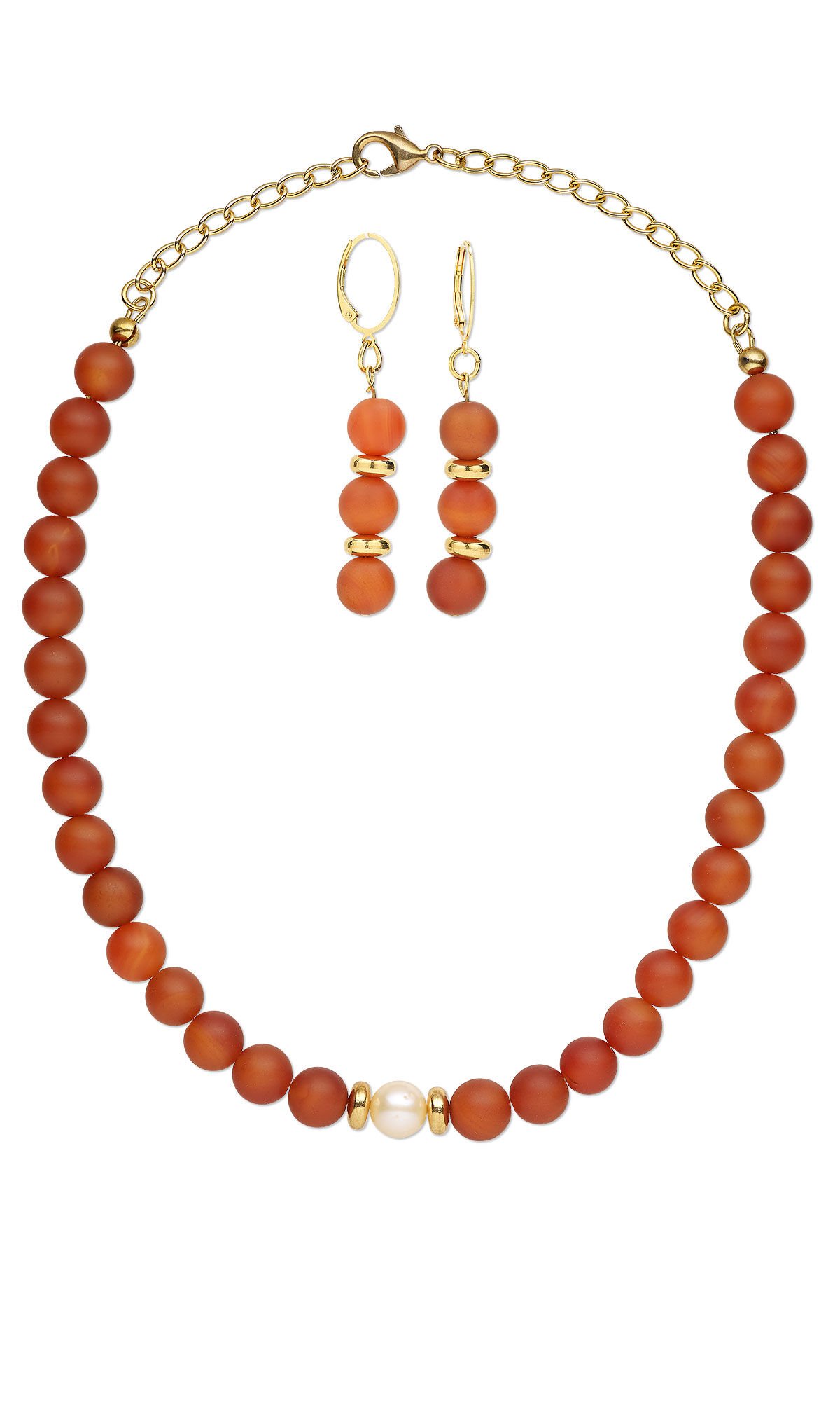 Design Idea R N 2 K - Single-strand necklace and earring set features red pearls and gold beads and chain