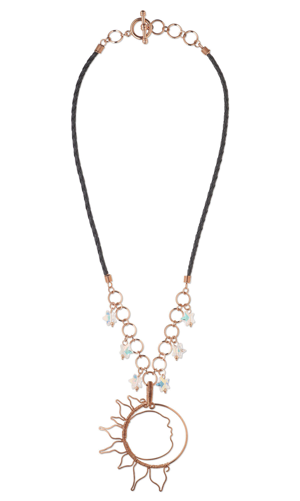 A cord necklace with a wirework pendant