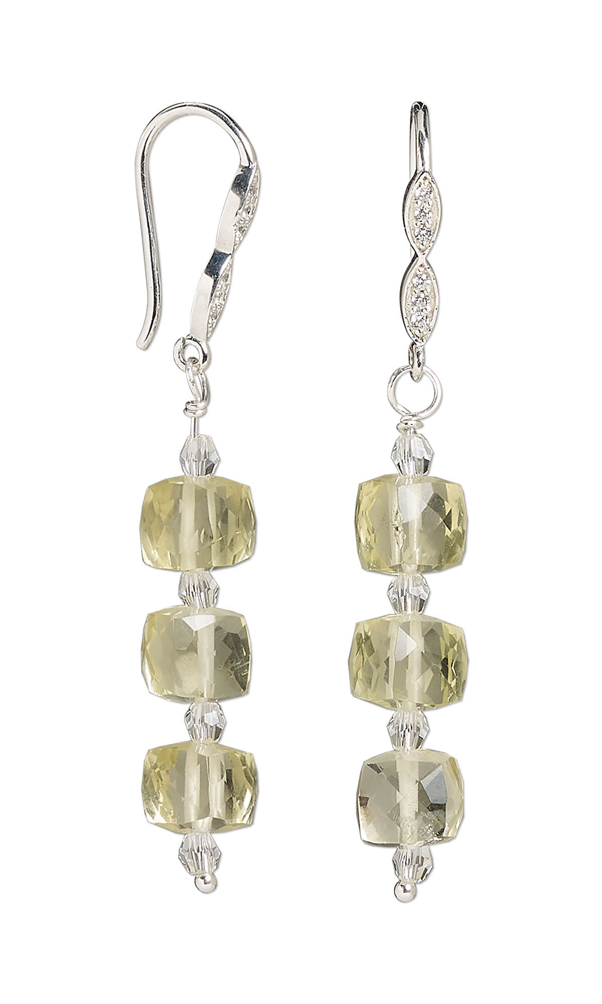 Design Idea R F 4 7 - Fishhook earrings with three yellow dangling gemstone square beads separated by small clear faceted beads.