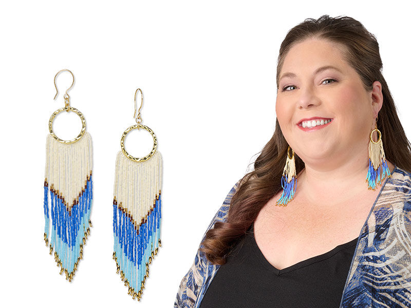 model wearing earrings made with miyuki seed beads