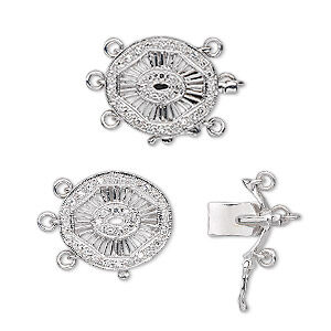 Clasp, 3-strand tab with safety, diamond (natural) and 14KtW white gold