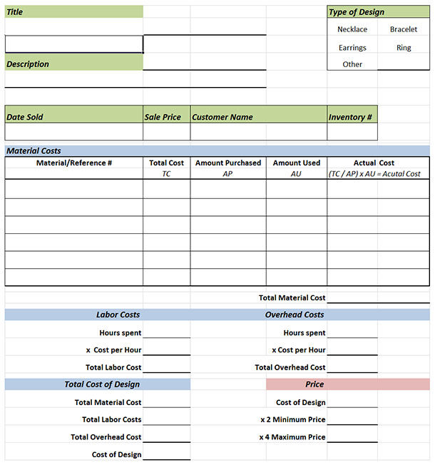 sample pricing cost sheet
