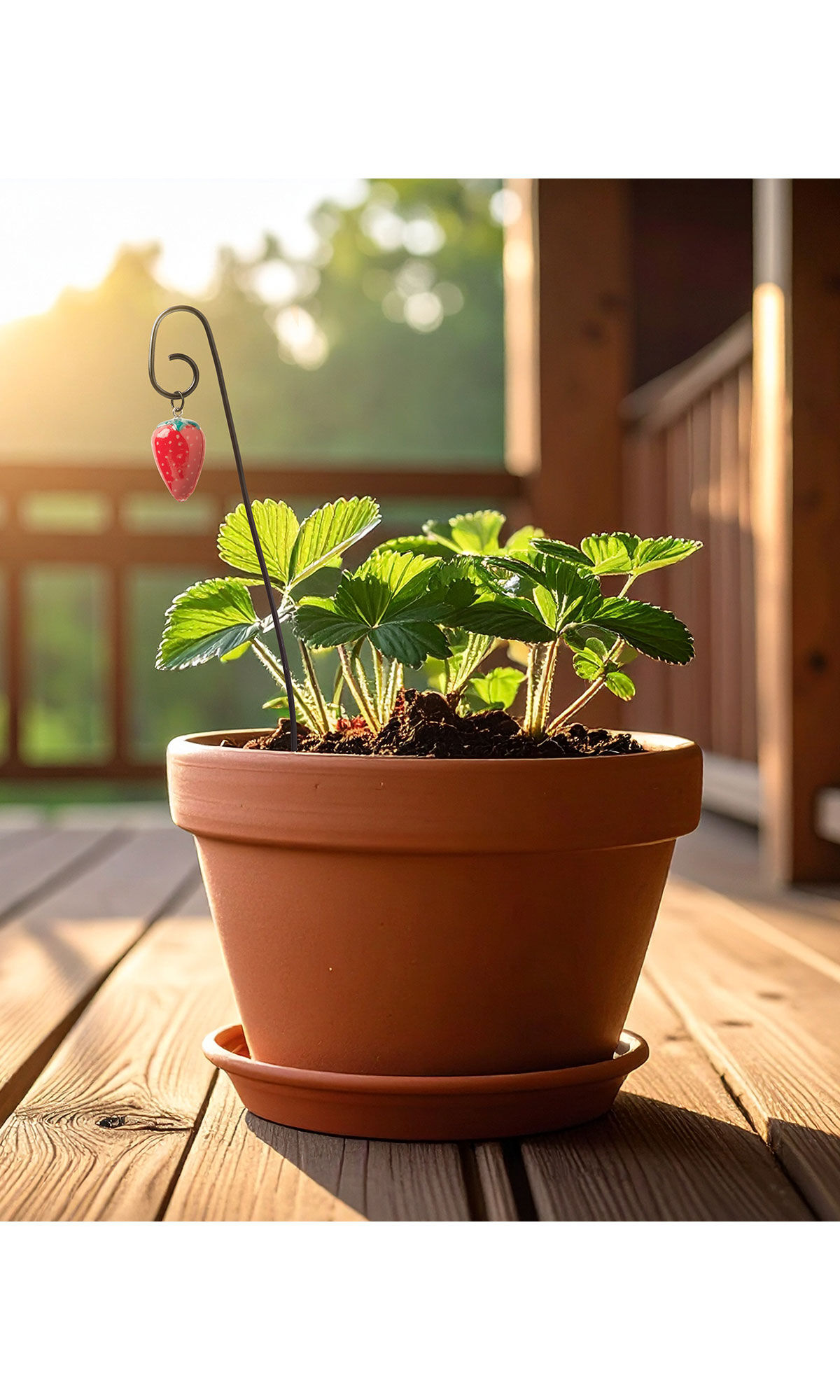 Terra cotta pot with strawberry plant with cute strawberry plant stake