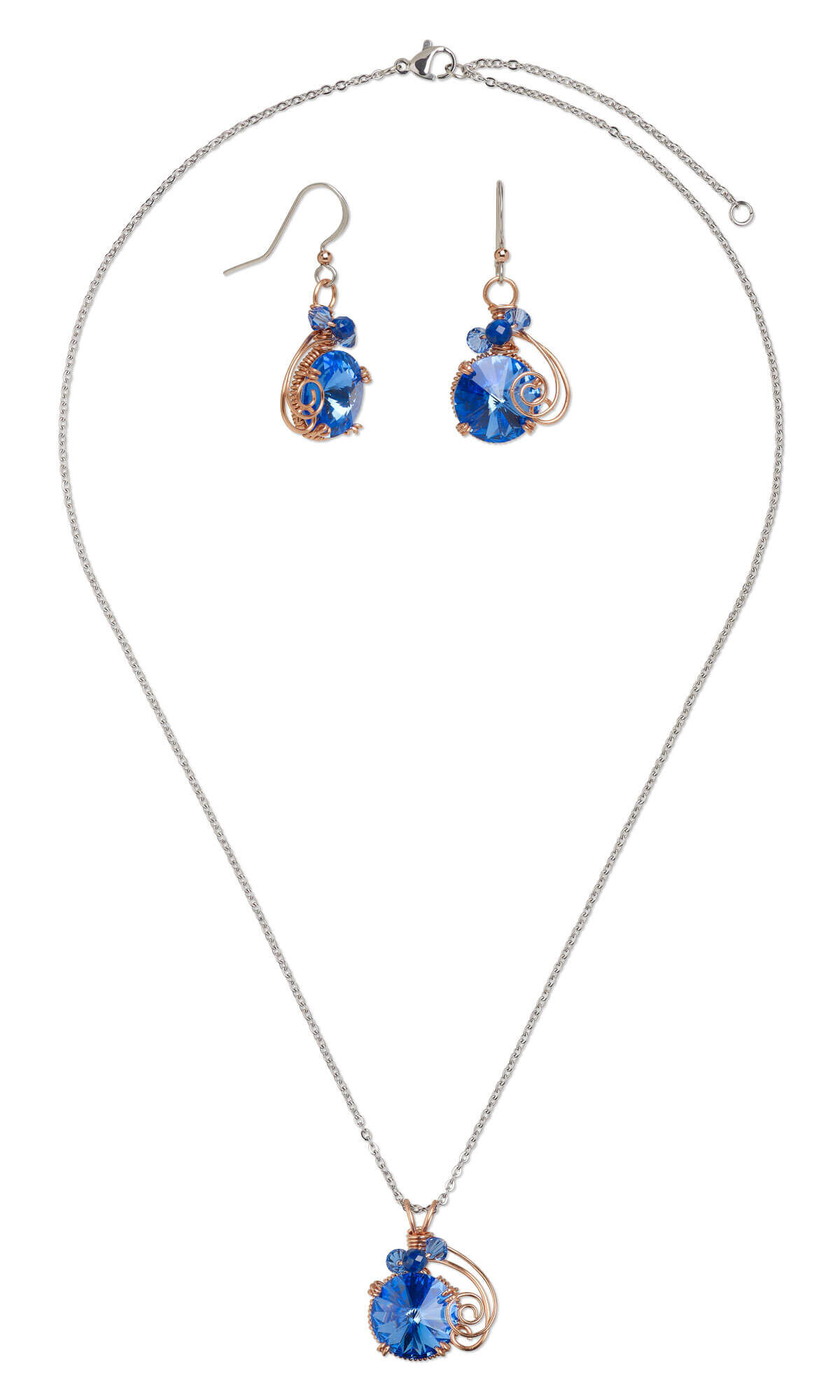 chain necklace and earrings with wire and blue crystal pendant and drops