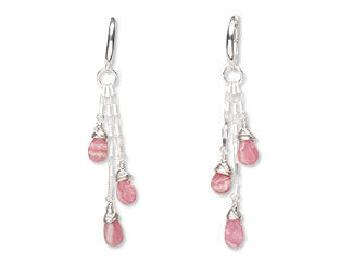 An image of earrings made with rhodochrosite teardrop beads and chain