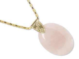 An image of a rose quartz cabochon focal on a necklace