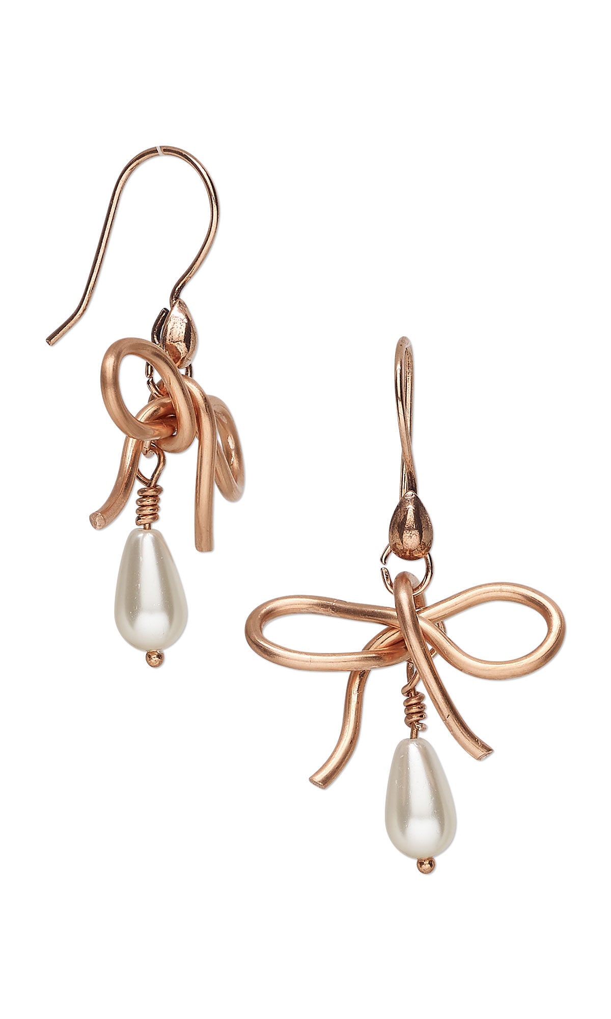 Design Idea S H 2 A &ndash; Fishhook earrings each have a copper wire bow above a pear-shaped white pearl dangle.