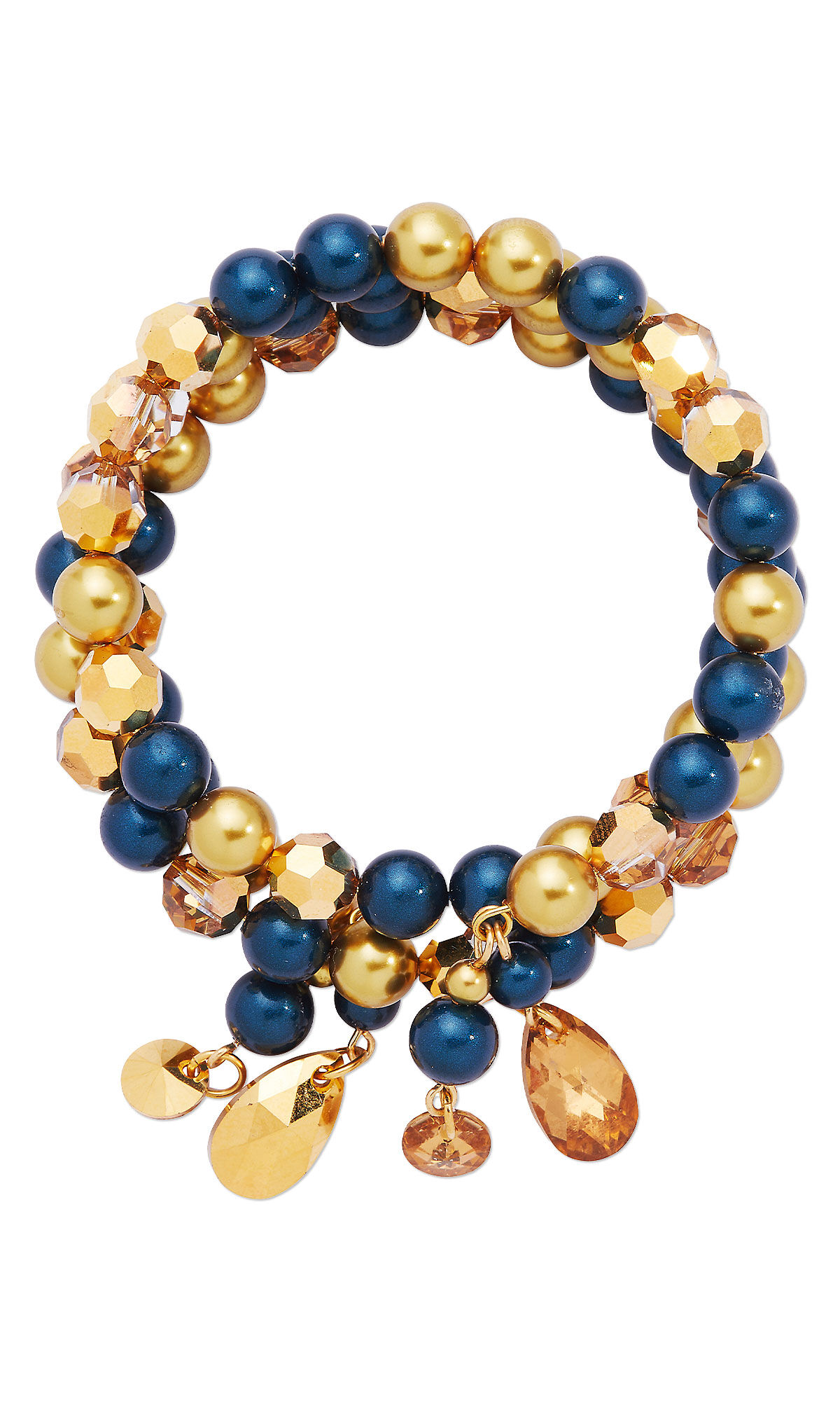Design Idea R J 3 6 Memory wire bracelet featuring gold and dark blue crystal pearls and faceted gold beads