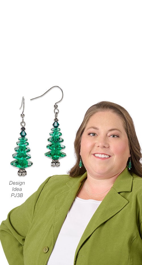Model wearing classic christmas tree earrings made with margarita beads