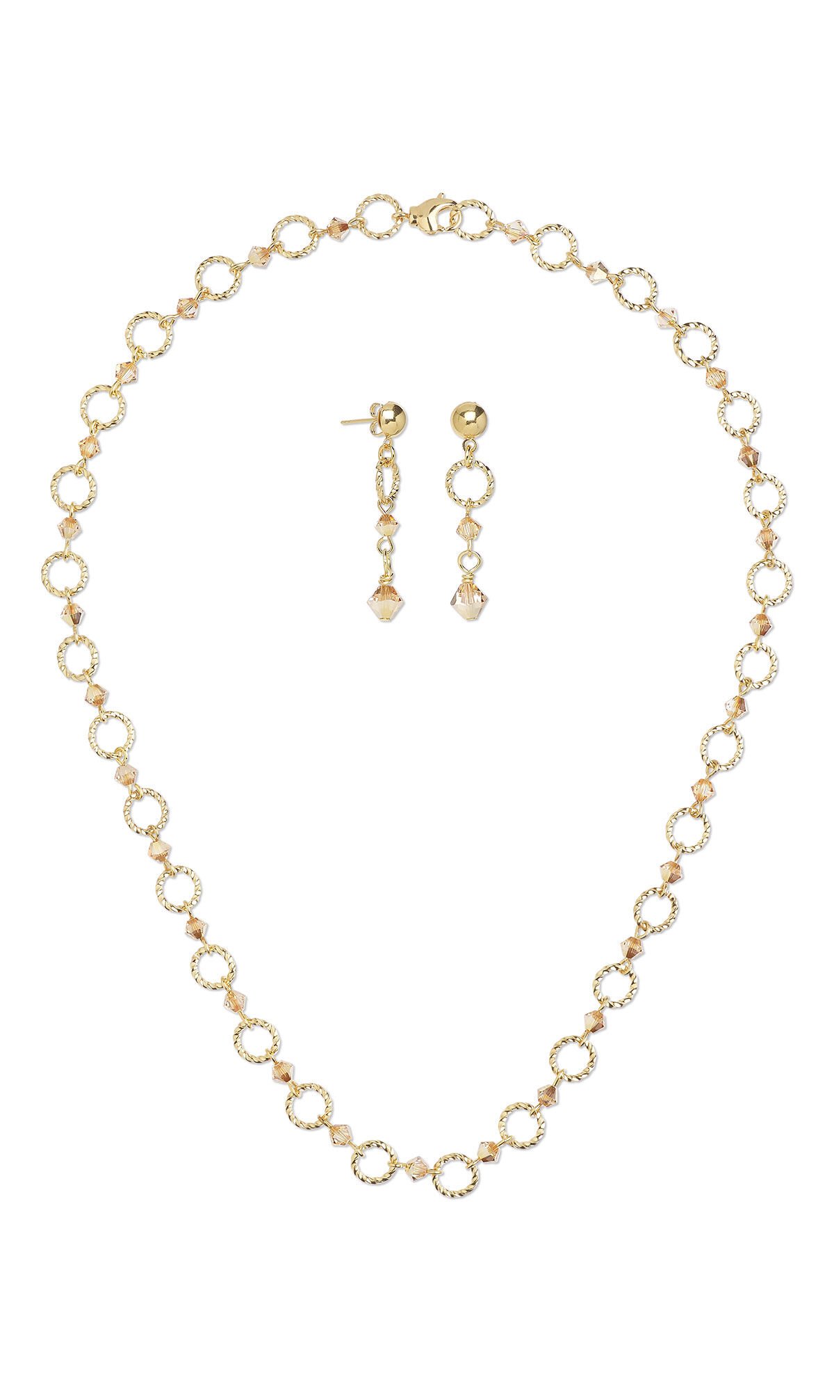 Design Idea R N 2 9 - Necklace has alternating twisted gold jump rings and tiny gold-hued bicone beads. Earrings have a twisted gold jump ring with two gold-hued bicone beads hanging from the bottom of the jump rings.
