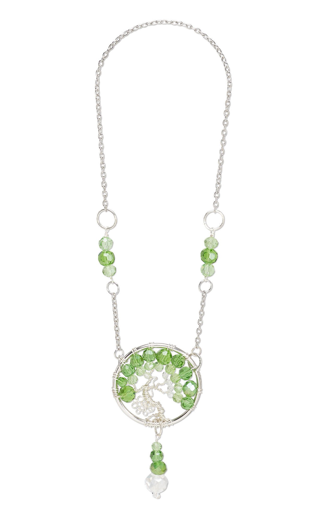 Design Idea S B 2 A &mdash; Green crystal suncatcher featuring a circular wire-wrapped hoop, dangling crystal accents and copper wire links.