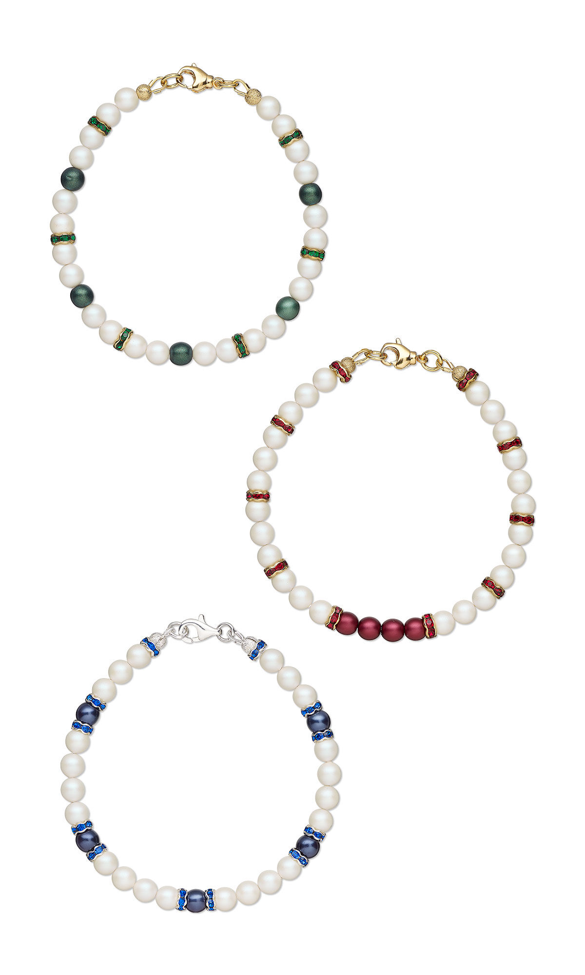 Design Idea R F 3 E: Set of three bracelets using crystal pearls and rhinestone rondelle beads