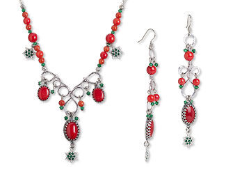Coral Cabochon Jewelry Set