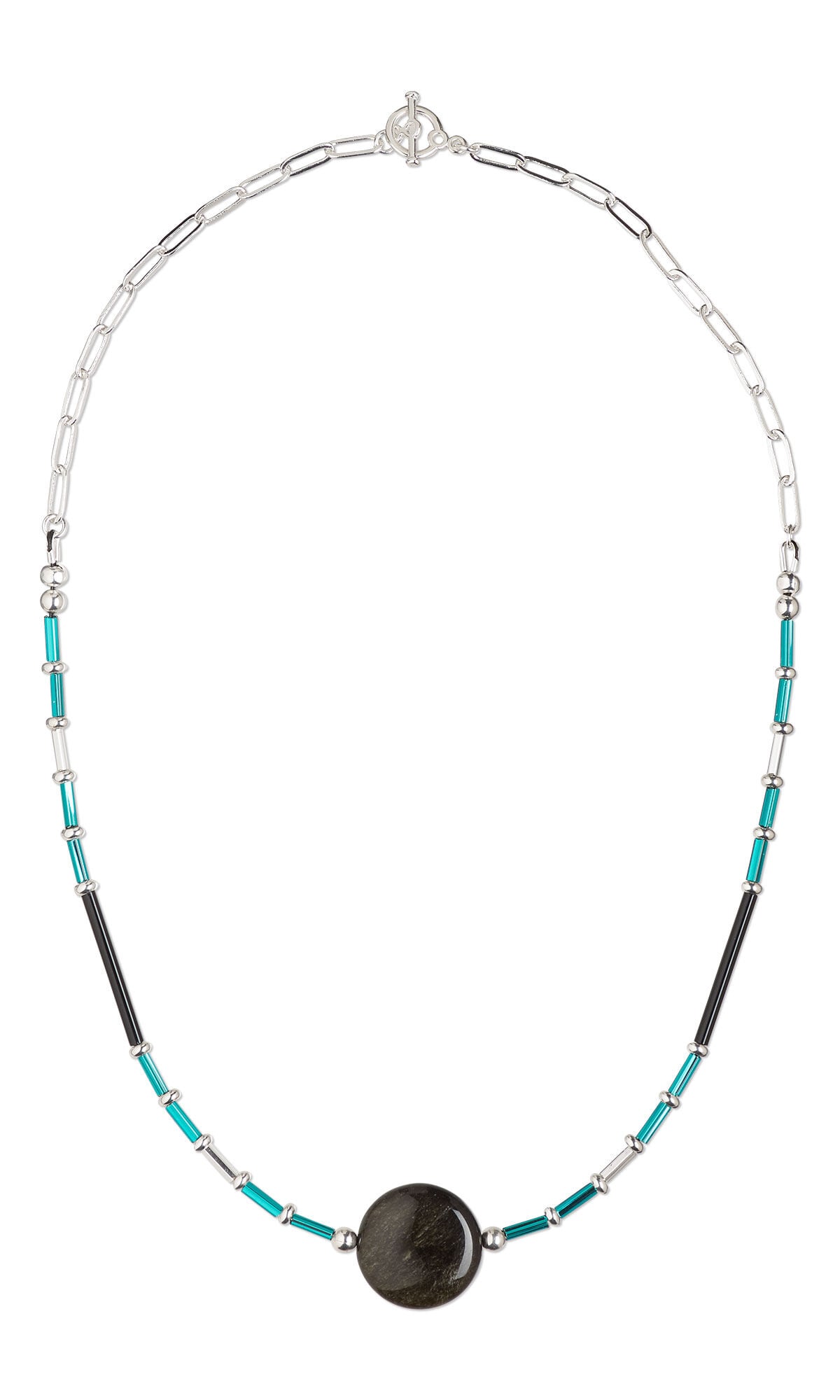 Design Idea S F 2 U &ndash; Single-strand necklace of small silver beads alternating with bugle beads in varying shades of blue. A large, circular flat round golden sheen obsidian bead is the focal point of the necklace.