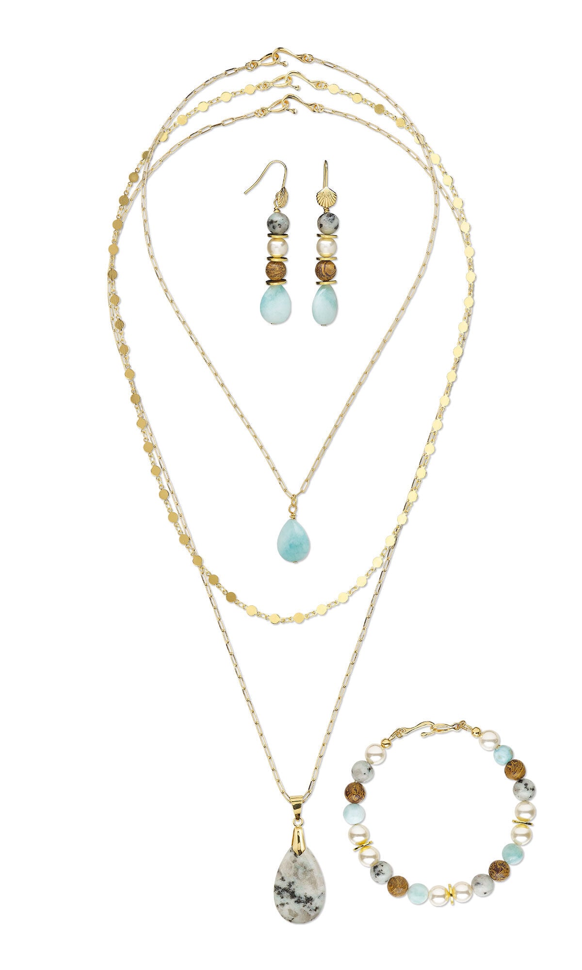Design Idea S E 2 3 - The shortest of 3 necklaces has a teardrop blue gemstone on chain. The longest has a black and white speckled gemstone on chain. The middle necklace is all chain with little golden circles. The bracelet has blue, brown and clear round beads and golden heishi beads. The earrings match the bracelet. 