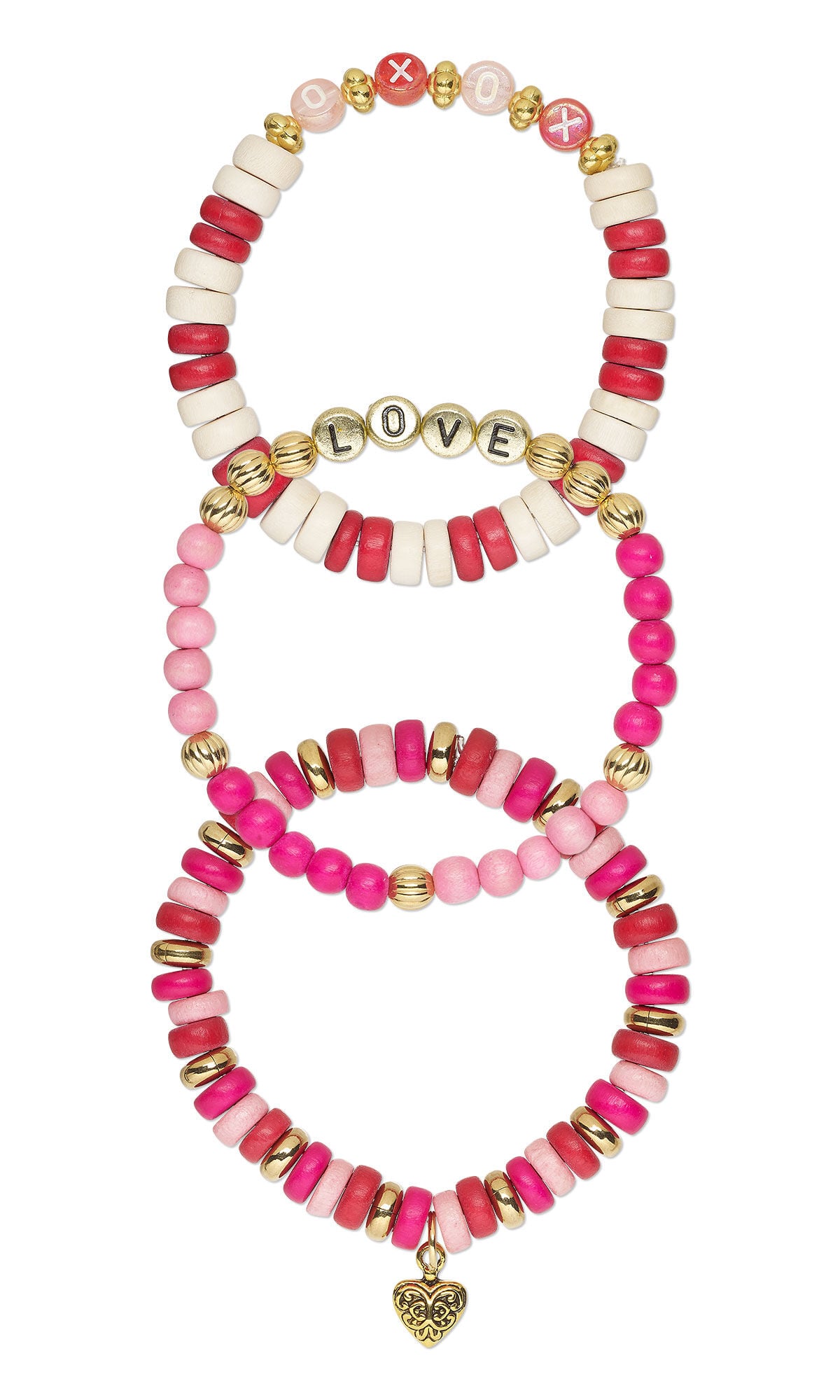 Design Idea S M 2 3 &ndash; Stretch bracelet set made with Taiwanese cheesewood beads, pewter beads and charms, strung on clear Powercord&reg; elastic cord