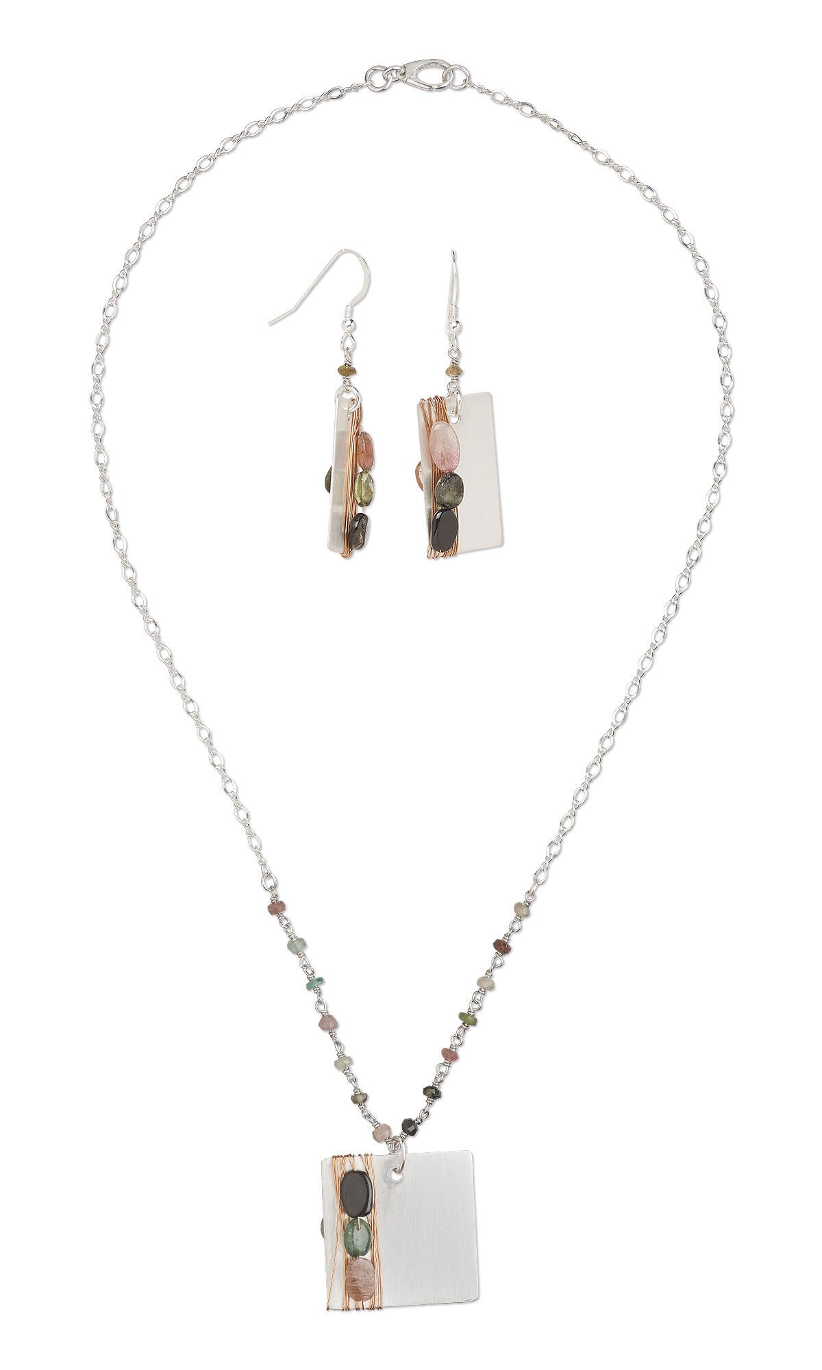 Design Idea R N 2 6 &ndash; Necklace and earrings both have silver chain with small multicolored gemstones. They also each have a rectangular silver pendant with copper wire wrapped vertically along one side. Three multicolored gemstones sit atop the copper wire.
