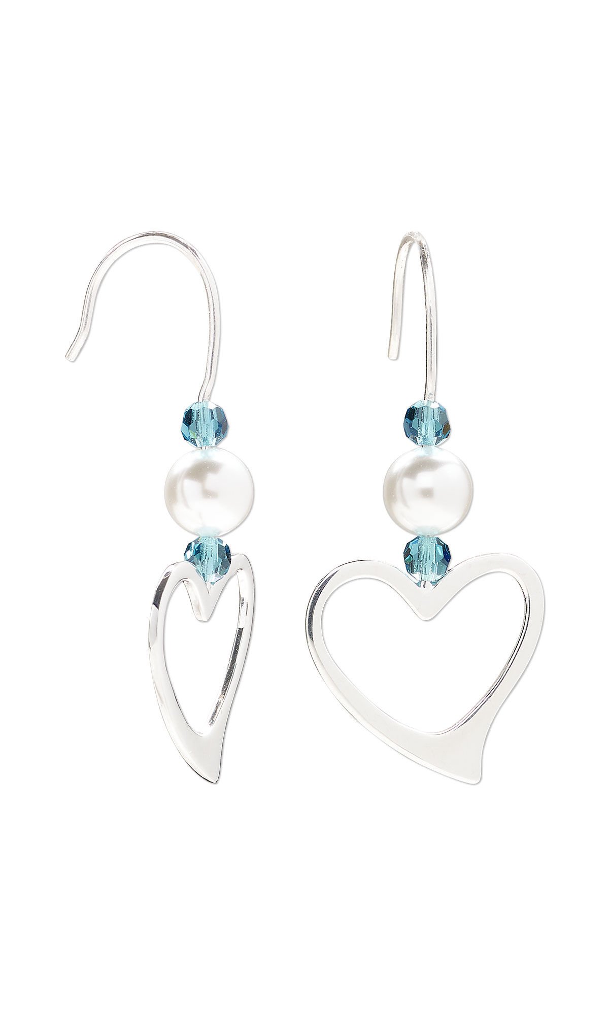 Design Idea R M 2 3, Drop earrings featuring silver-plated hearts topped by moonlight crystal pearls and petite sky blue crystal beads
