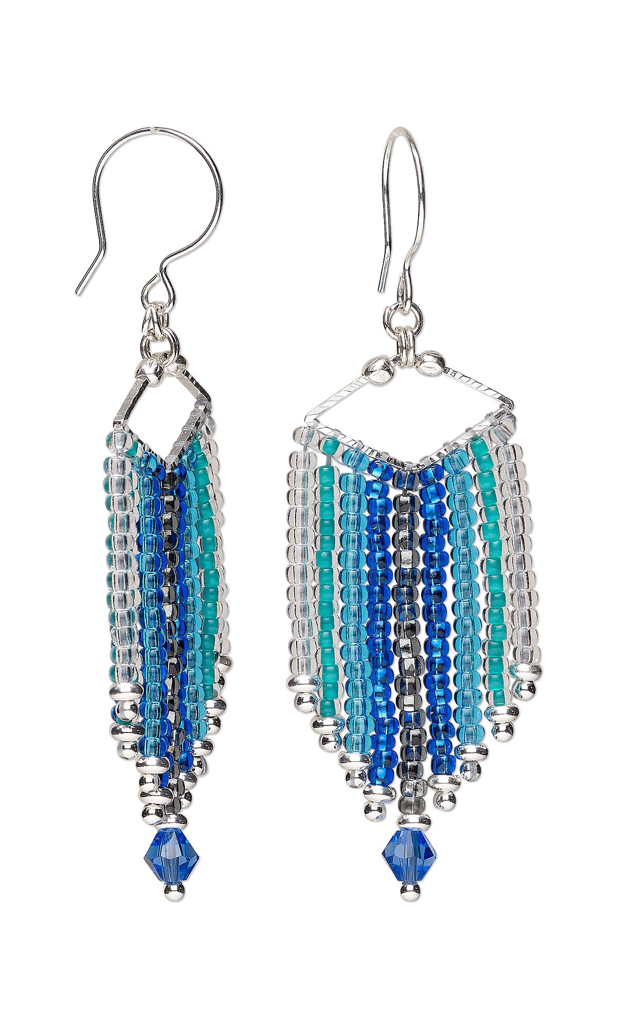 Design Idea S B 2 X &ndash; Each earring has a silver diamond wider than it is tall with nine columns of seed beads hanging from it in various shades of blue.