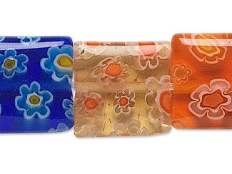Floral millefiori beads in orange, lavender and blue