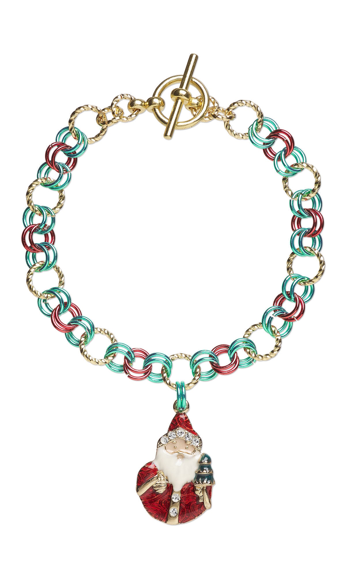 Design Idea S F 2 3 &ndash; chainmaille bracelet made of green, red, and gold jump rings has an enamel and gold-finished &ldquo;pewter&rdquo; Santa Claus charm. 