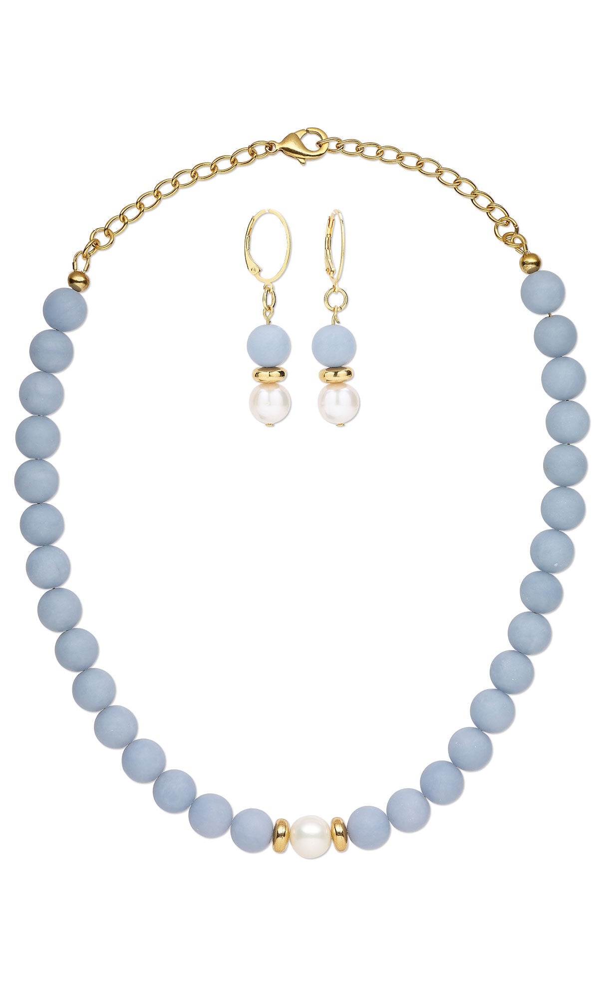 Design Idea R N 2 K - Single-strand necklace and earring set features light blue pearls and gold beads and chain.