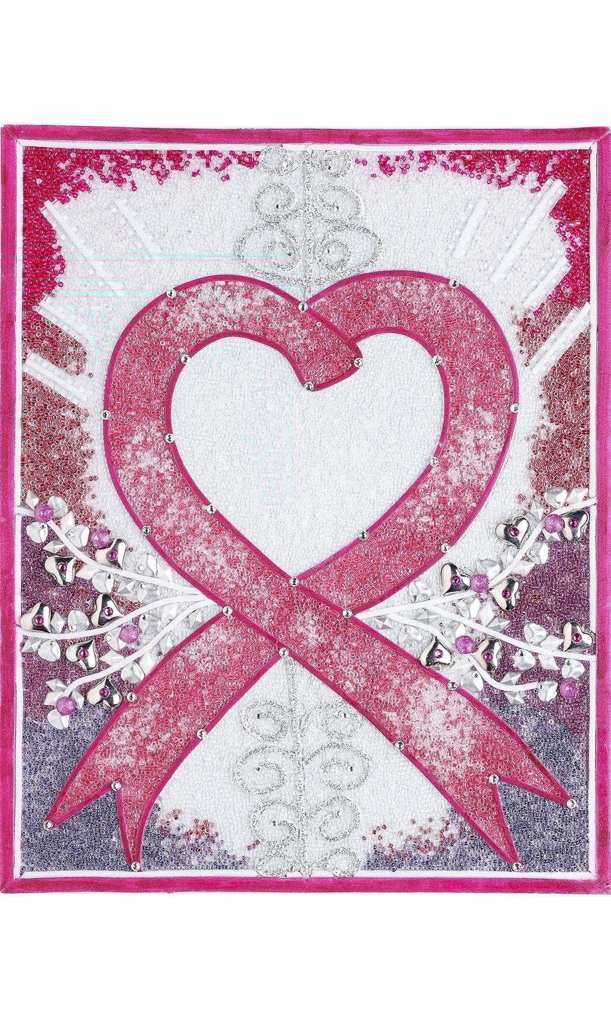 Design Idea R G 2 9 Bead mosaic featuring a pink awareness ribbon shaped like a heart at the center, set against a shimmering silver and purple background with decorative swirls and sparkling bead accents.