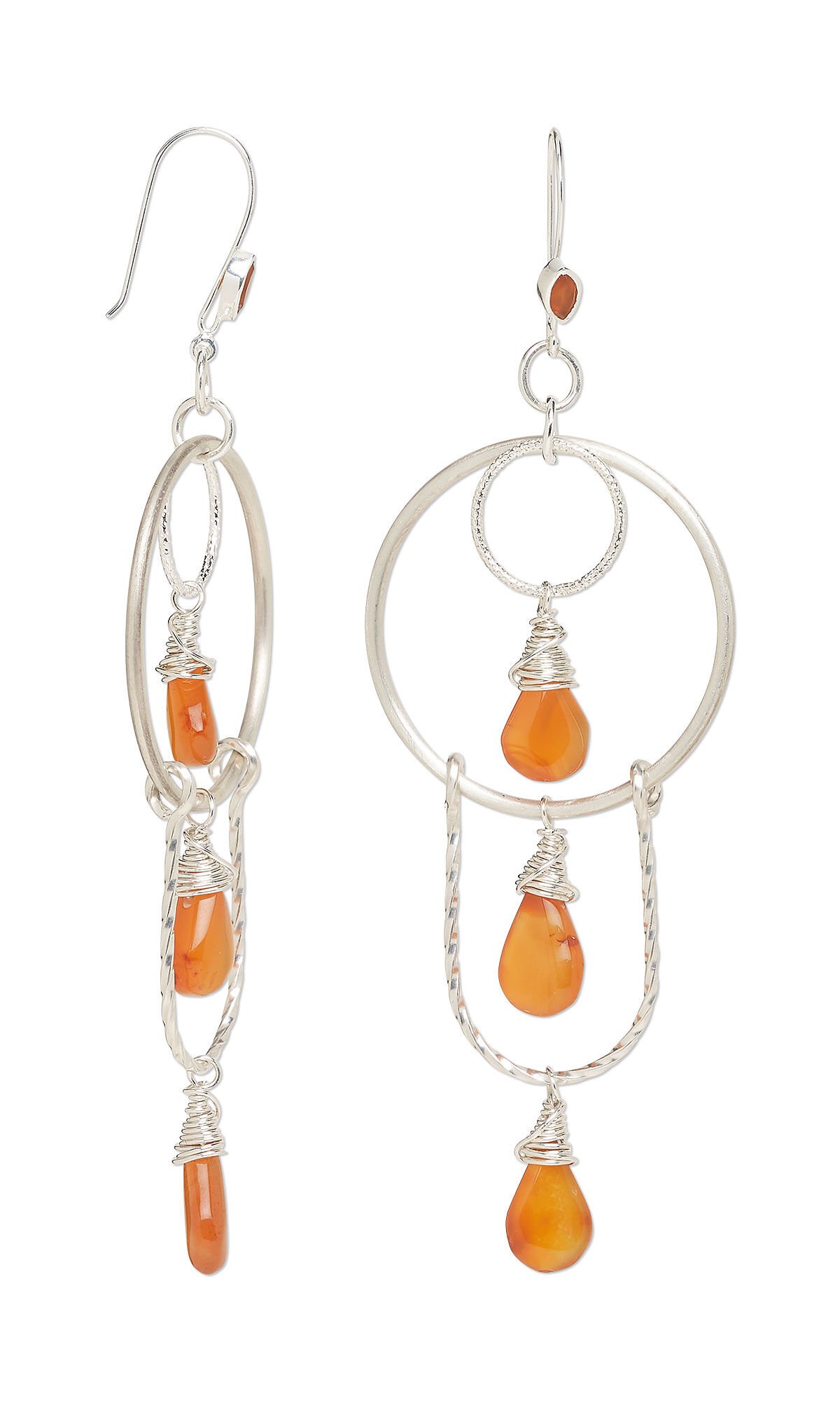 Design Idea R K 2 J – Earrings have orange gemstones on the ear wires and three orange carnelian drops hanging from increasingly smaller hoops of silver wire.