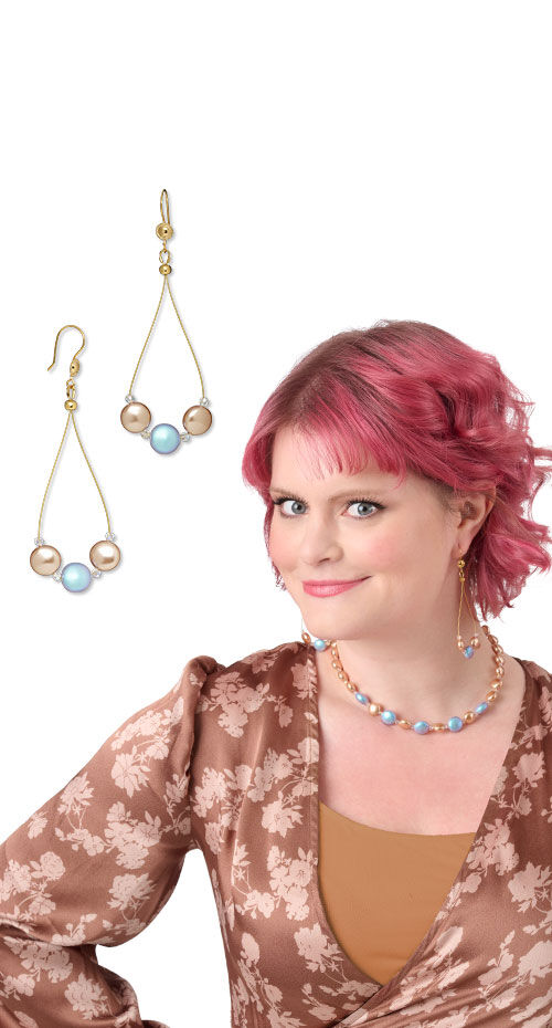 Model wearing earrings made with crystal passions pearls