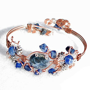 Dumortierite, sterling silver, and copper cuff bracelet