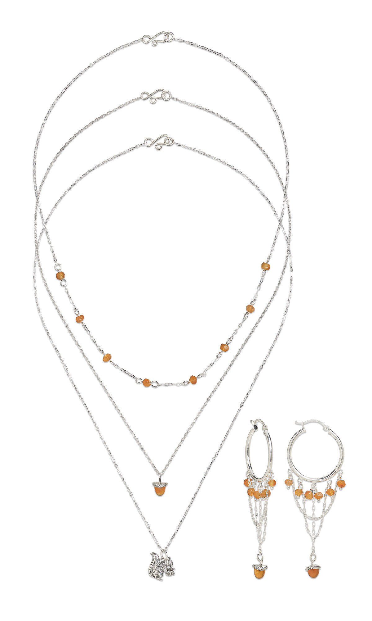 Three sterling silver chain necklaces. The longest has a silver squirrel cham. The shortest has orange gemstone beads strung about 1 inch apart on the chain. The other necklace as an orange gemstone drop shaped like an acorn. Earrings are silver hoops with five orange gemstone beads and an orange gemstone acorn charm dangling from silver chain below them.