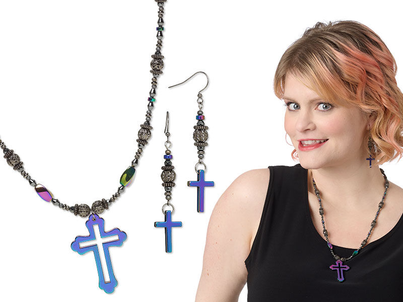 Model wearing necklace and earrings with components