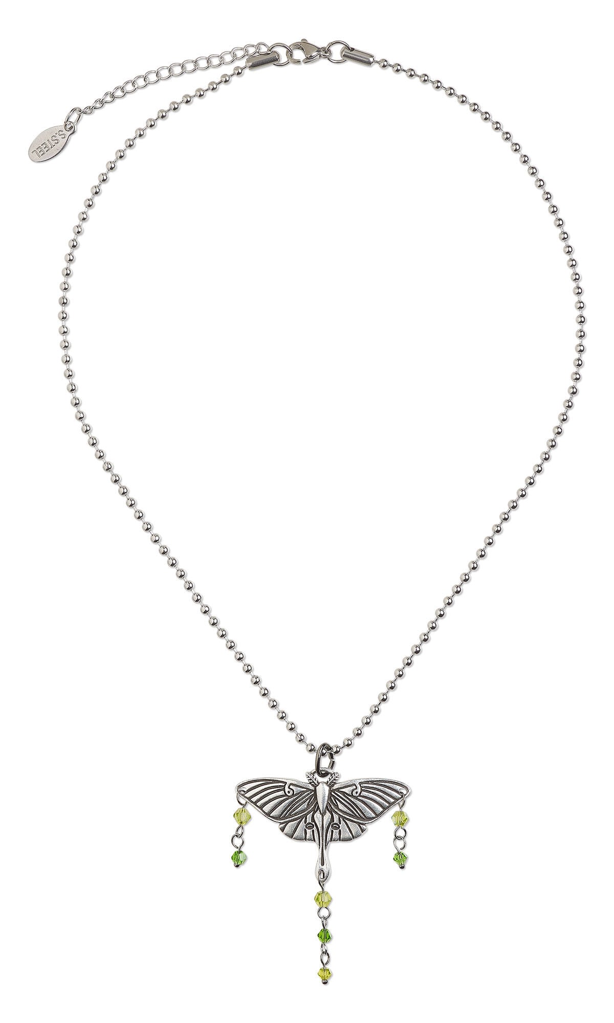 Design Idea S G 3 B &ndash; Silvery ball chain necklace has a pendant of a large, silvery luna moth facing upward. Silvery drops with light green crystal bicones dangle from the bottom of the moth and from each wing tip.