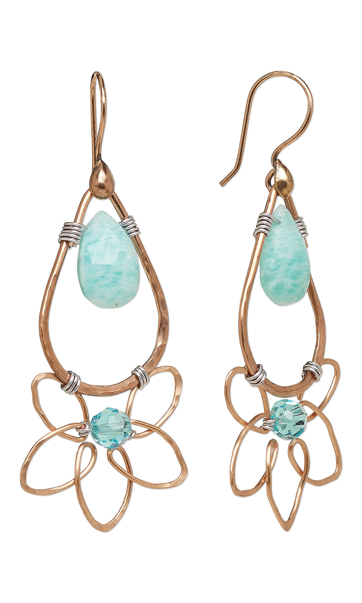 Wireworked earrings with amazonite gemstones and blue crystal beads