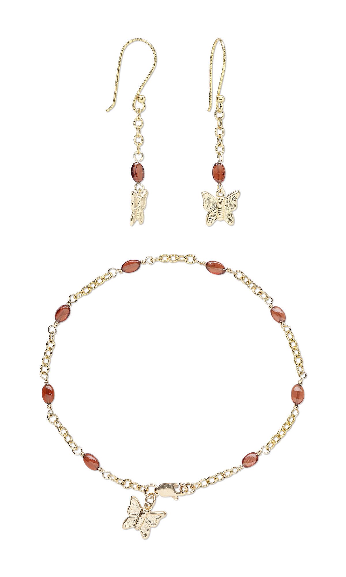 Design Idea R M 2 2 14Kt gold-filled chain bracelet and dangle earring set with sparsely spaced oval garnet beads and 14Kt gold-filled butterfly charm 
