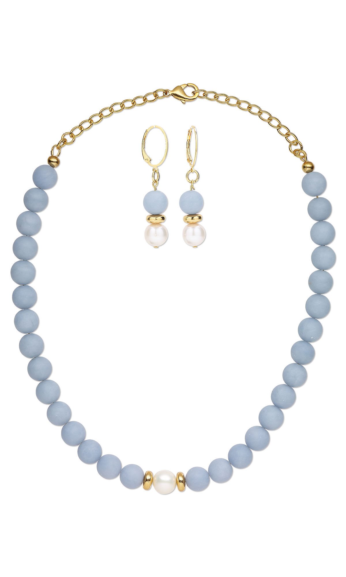Design Idea R N 2 K - Single-strand necklace and earring set features light blue pearls and gold beads and chain.