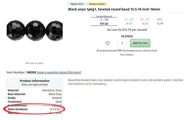 webpage with black onyx beads; the Mohs Hardness is circled in the information box.