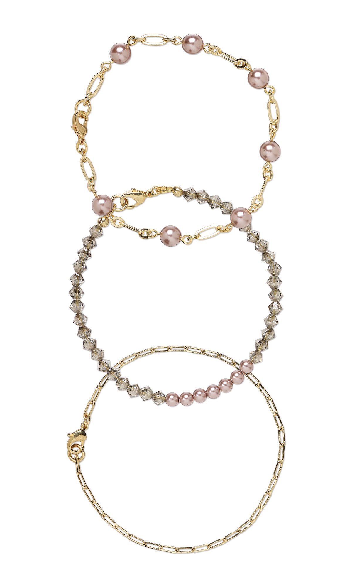 Design Idea S B 2 S &ndash; Three bracelet set made with Crystal Passions bicones and pearls with gold-finished chain
