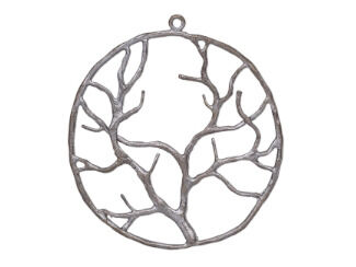 Silver circle pendant has a many-branched tree inside it.