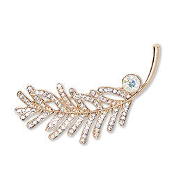 Brooch, glass rhinestone and rose gold-finished "pewter" leaf