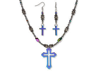 An image of a necklace and earrings with hemalyke crosses