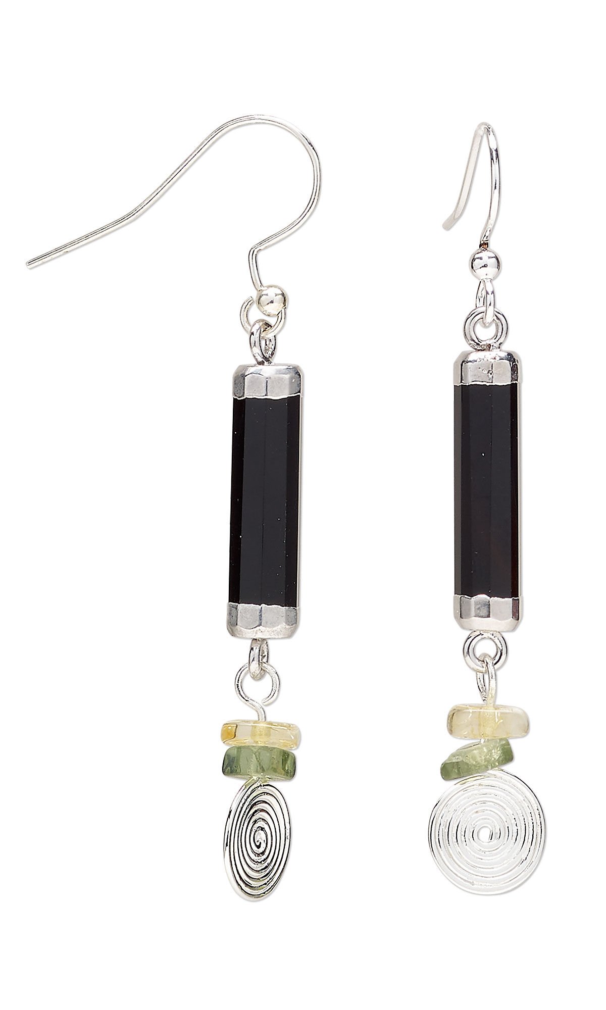 Design idea S A 2 D earrings featuring black onyx gemstone links, multi-gemstone chip beads in green and yellow hues, and silver-plated findings with spiral charm accents.