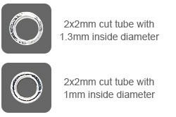 2x2 cut tube with 1.3mm inside diameter, 2x2 cut tube with 1mm inside diameter